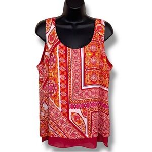 Large Rose And Olive Sleeveless Blouse Red Pink Orange Boho Paisley Geometric